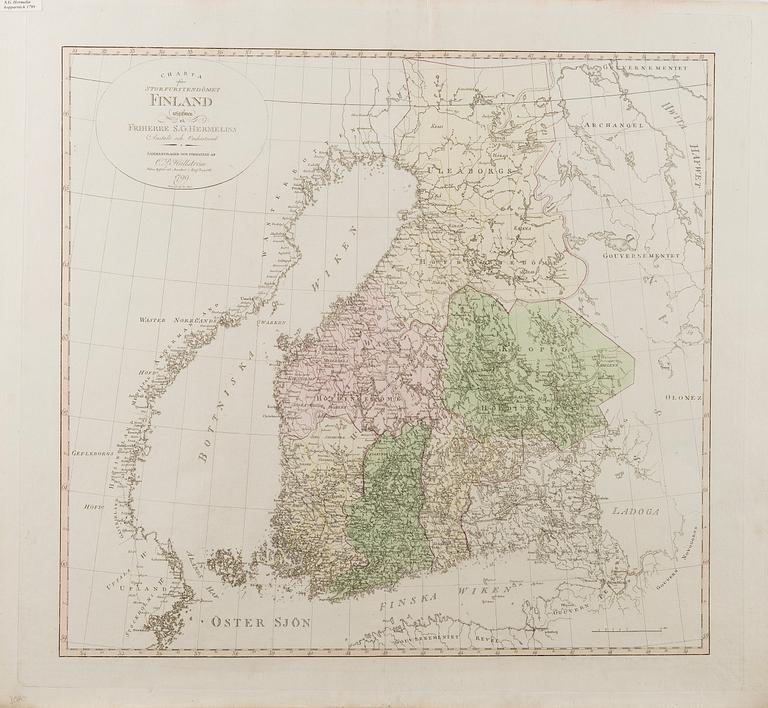 KARTTA, S.G. Hermelin, Storfurstendömet Finland
1799, Suomen suuriruhtinaskunta 1799.