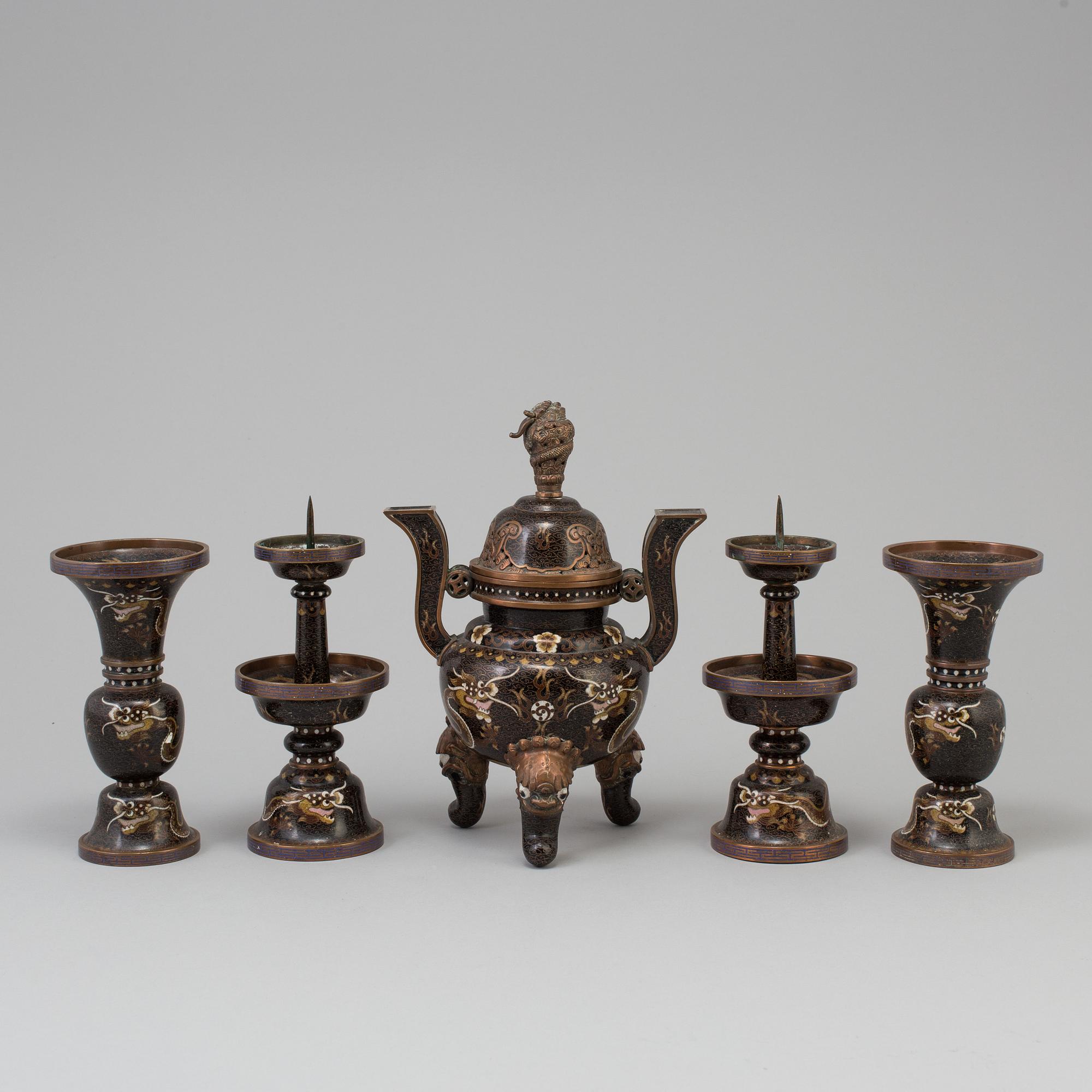 A set of five chinese altar garnitures, cloisonné, 20th century.
