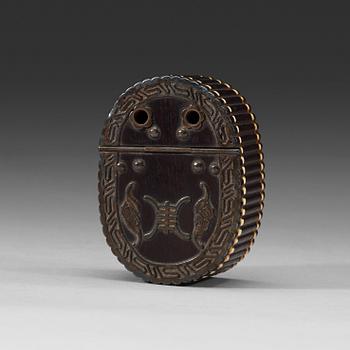 An ivory inlay silver decorated carved hardwood snuffbox, Qing dynasty, 19th Century.