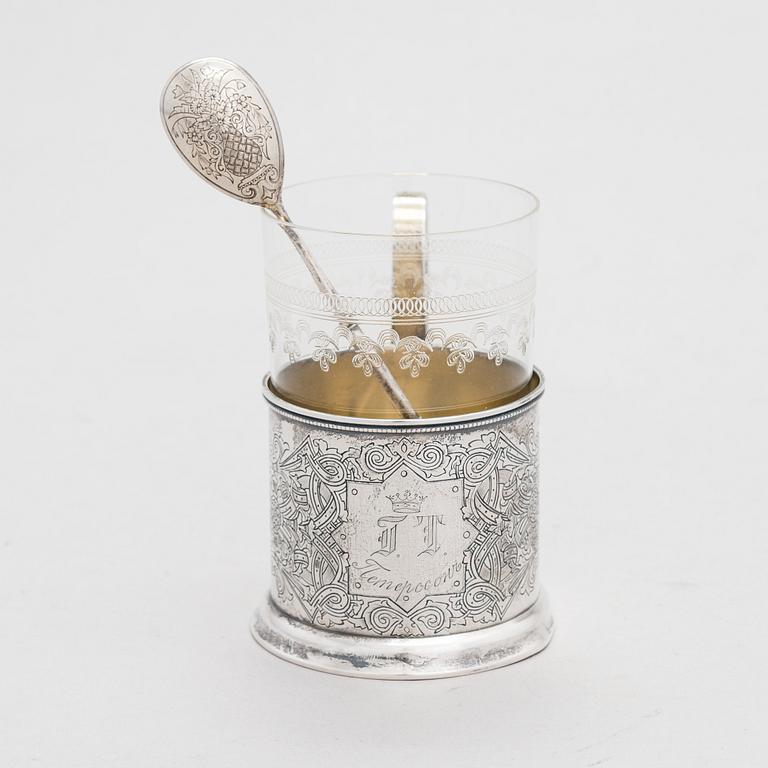 A Russian silver tea glass holder and a tea spoon, Moscow, Alexander Fuld 1889 and Antip Kuzmichev 1888. Glass, Finland.