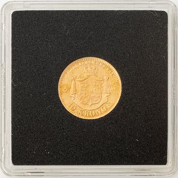 Guldmynt, Oscar II, 10 kronor, typ I, Sverige 1876.