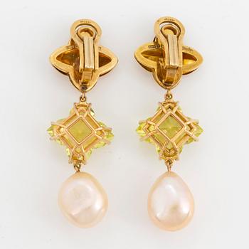 GAUDY, cultured South sea pearl and checker-cut lime quartz earrings.