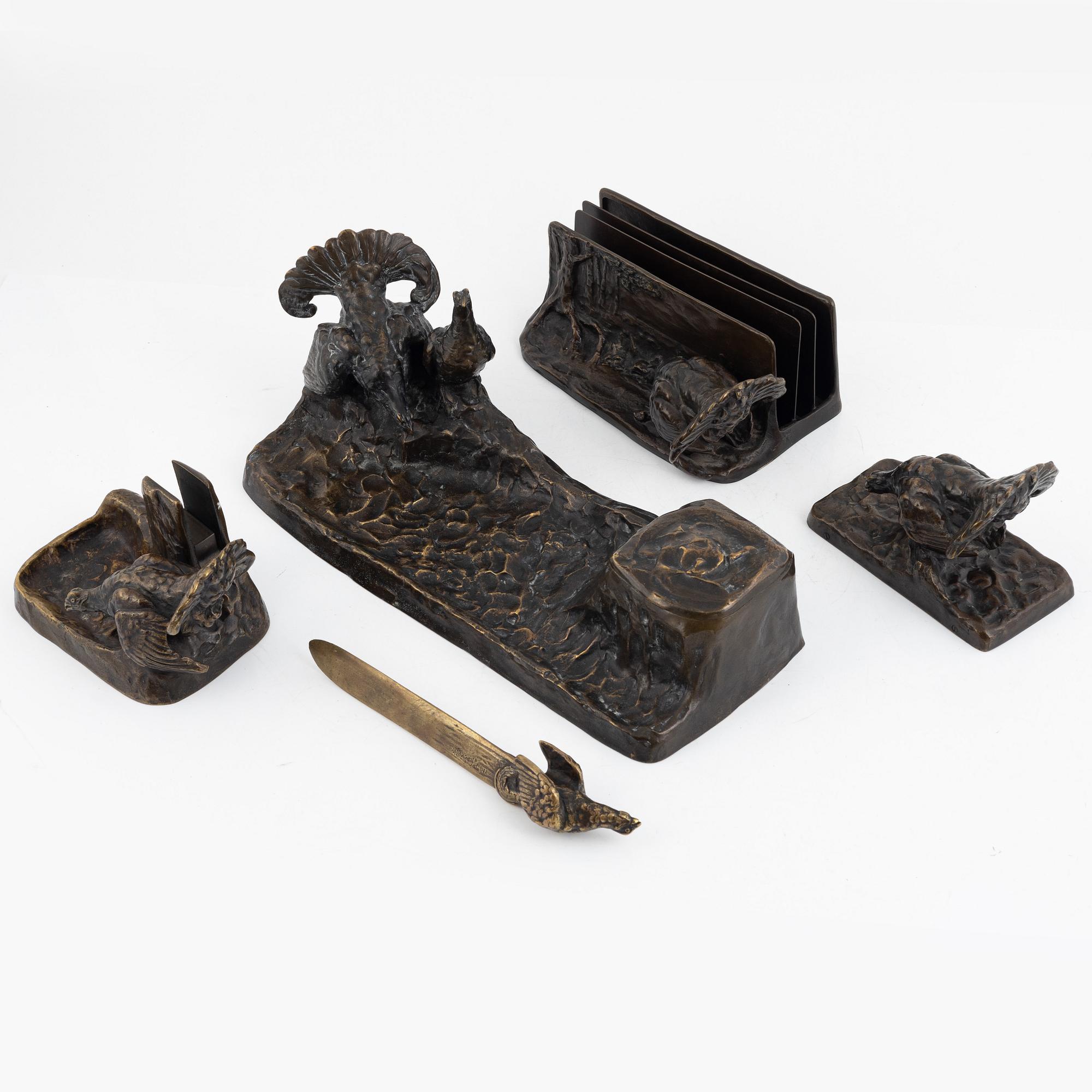 Friedrich Gornik, a five-piece bronze desk set modelled with black grouse, Jugend, 1910's/1920's.