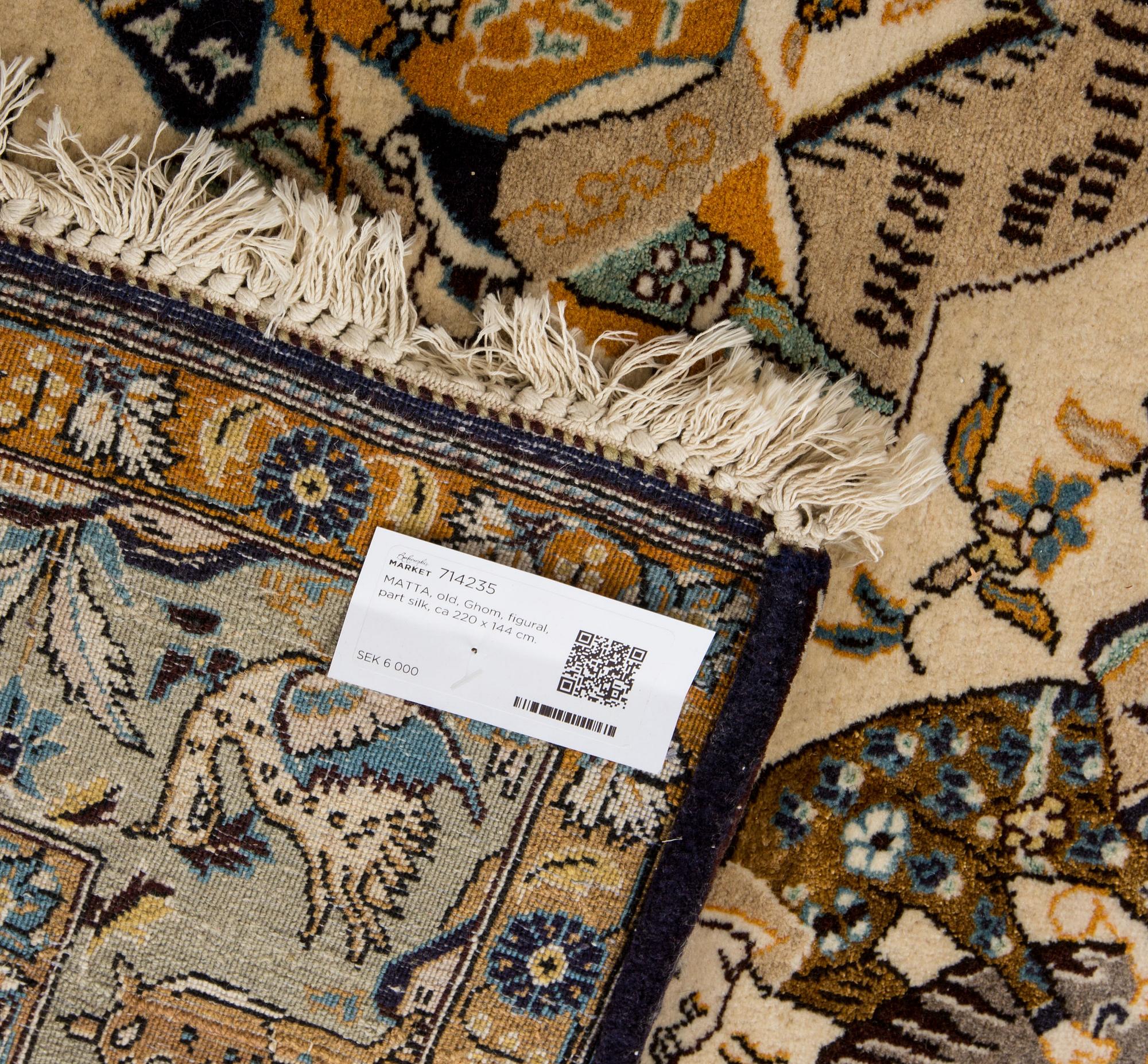 MATTA, old, Ghom, figural, part silk, ca 220 x 144 cm.