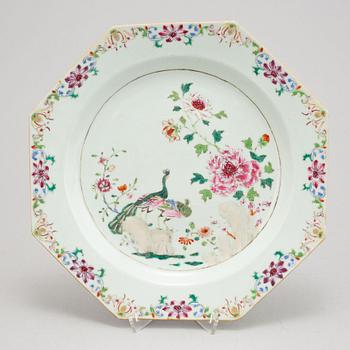 A famille rose 'double peacock' dish, Qing dynasty, Qianlong (1736-95).