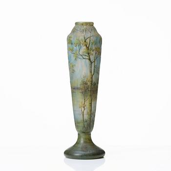 Daum, an Art Nouveau enamel painted cameo glass landscape vase.