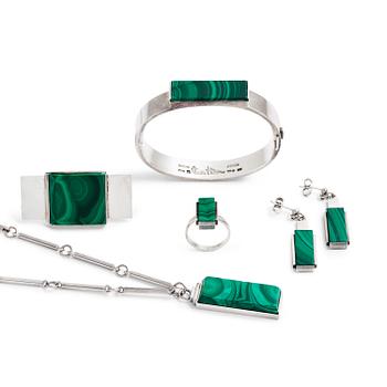 A Wiwen Nilsson set of six pieces of silver and malachite jewellery, Lund Sweden 1934-66.