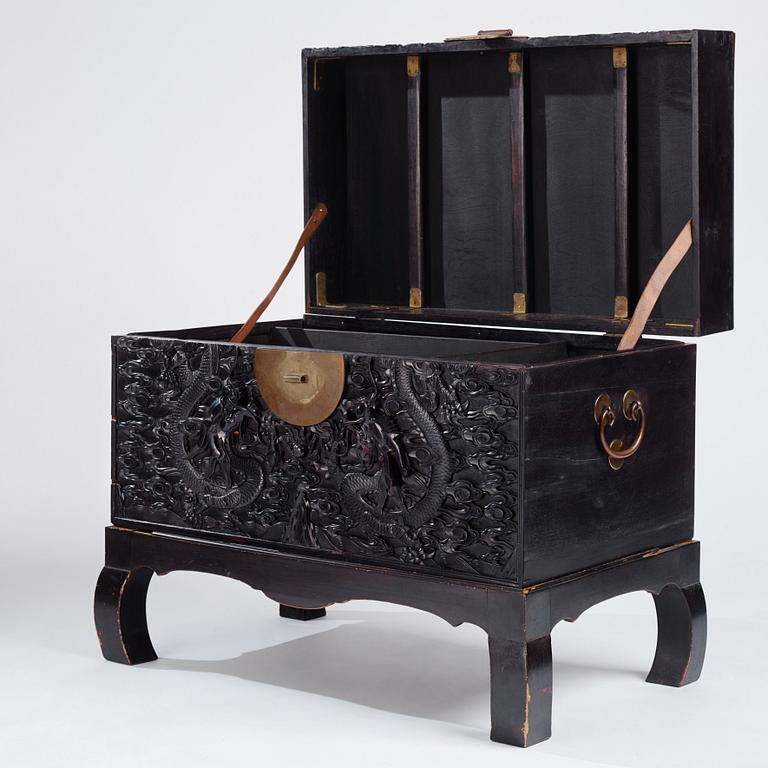 A massive 'five clawed dragon' hardwood storage chest, Qing dynasty, 19th century.