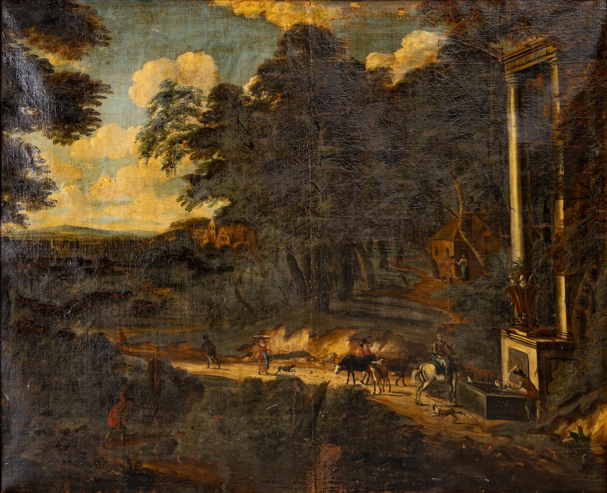 Unknown artist, 18th century, Landscape with a wandering figure outside the city.