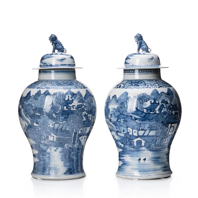 A matched pair of blue and white Chinese jars with covers, Qing dynasty, Qianlong (1736-95).