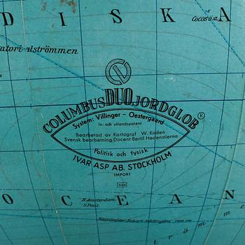 JORDGLOB, Columbus Duo Jordglob. Import av Ivar Asp AB, Stockholm. 1900-talets mitt.