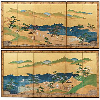 750. A pair of Japanese six panel screens, Edo period, 19th Century.