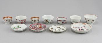 KOPPAR, 7 st samt UNDERFAT, 4 st, porslin, Kina, 1700, 1800 samt 1900-tal.