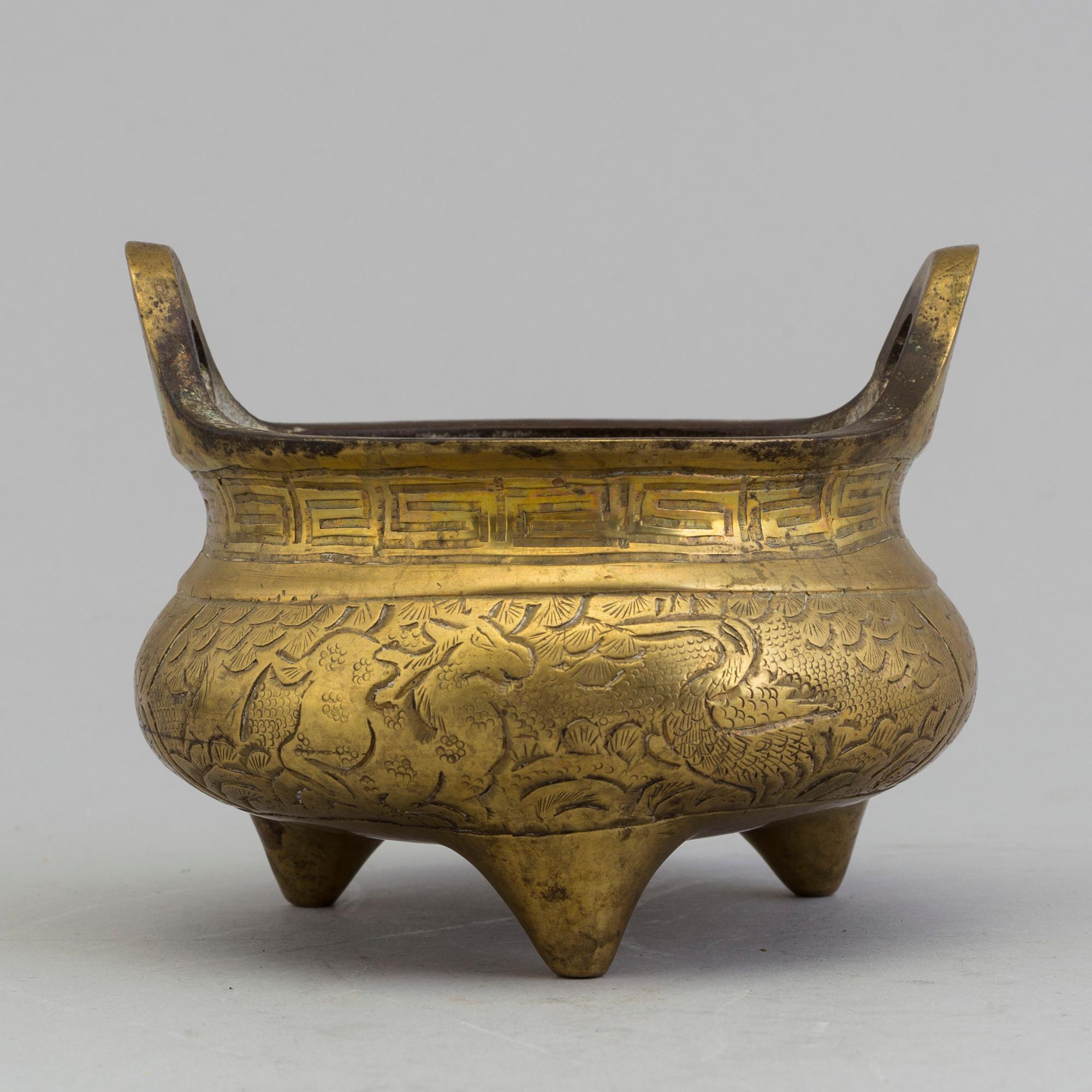 A Chinese early 20th century gilt-bronze censer, with Xuandes six character mark to the base.