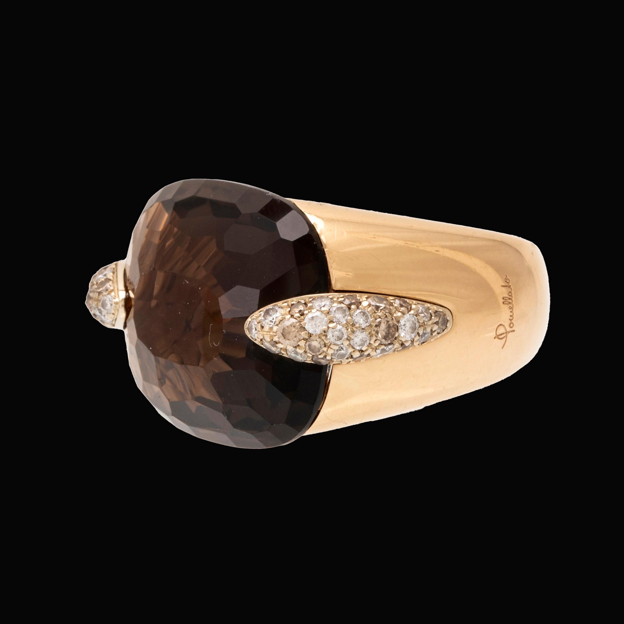 An 18K gold Pomellato "Pin Up" ring set with smoky quartz and round brilliant-cut diamonds.
