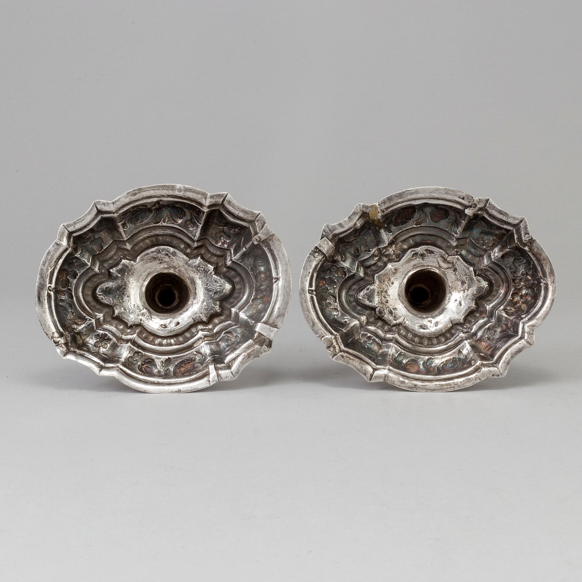 A pair of 18th century silver candlesticks, unidentified makers mark, Breslau 1737-1745.