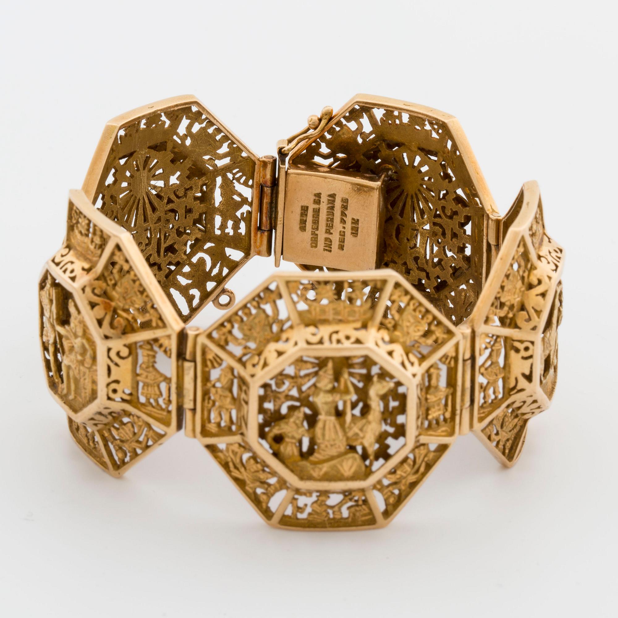 BRACELET, 18K gold, 80,8 g. Arte Orfebre SA. Ind Peruana. Reg.7789. Inca motives.