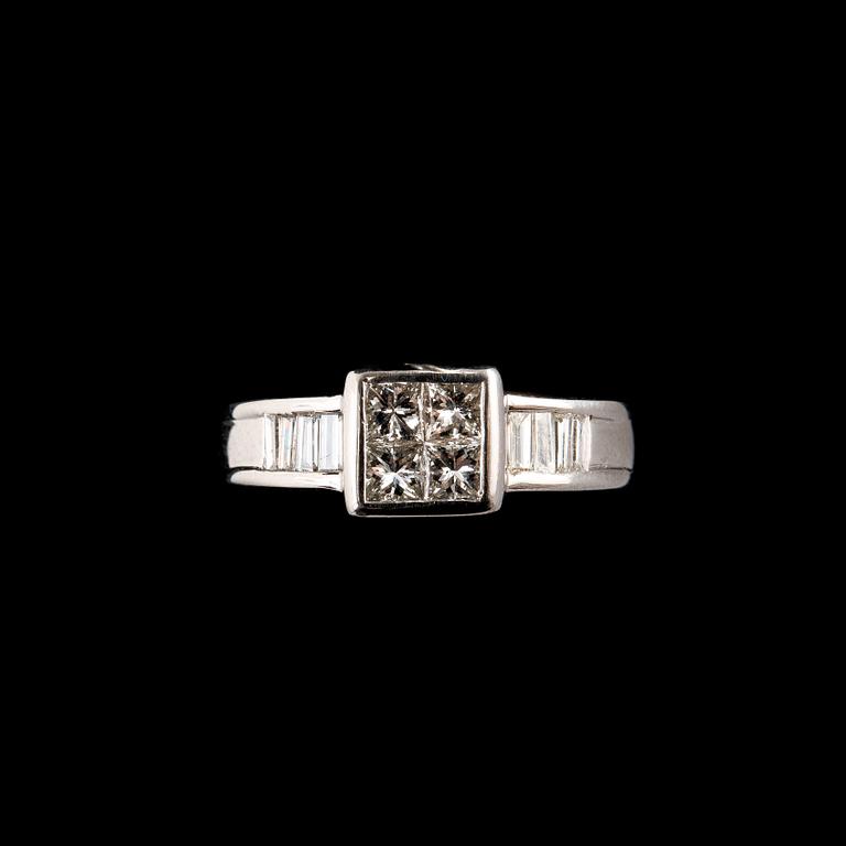 RING, prisess- och baquetteslipade diamanter 1.00 ct, platina. Storlek 16,5, vikt 7,5 g.