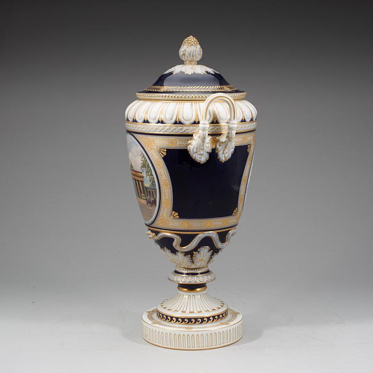 A large Berlin vase with cover, 19th Century.