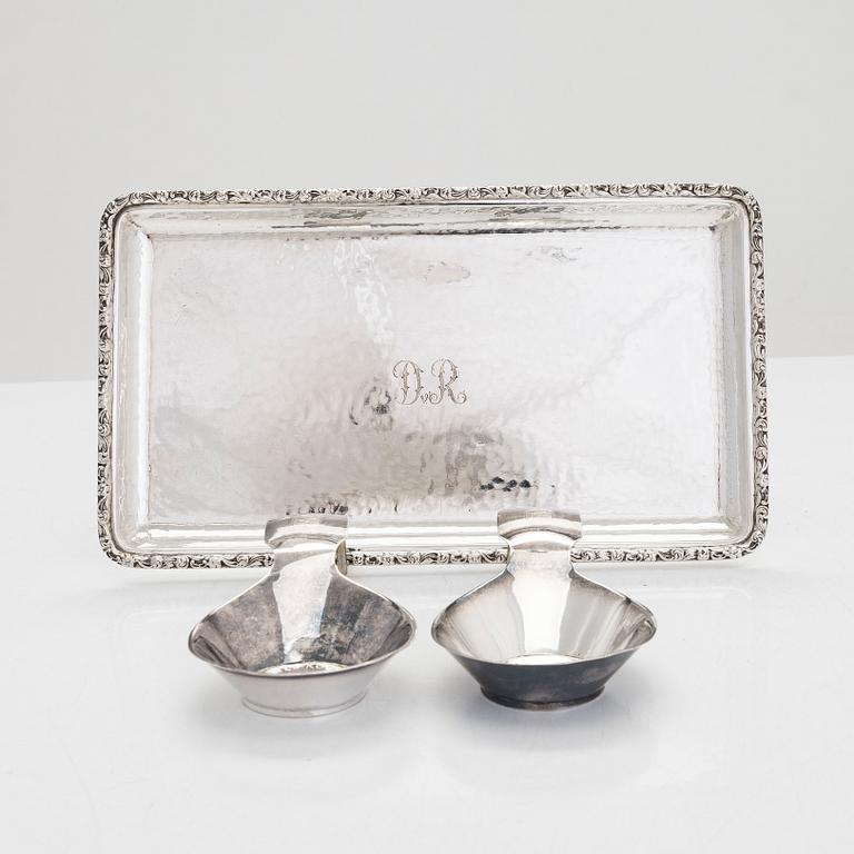 Silver dish by K. Andersson, 1928, and a pair of drinking scoops, maker's mark of C F Carlman, Stockholm 1928 and 1952.