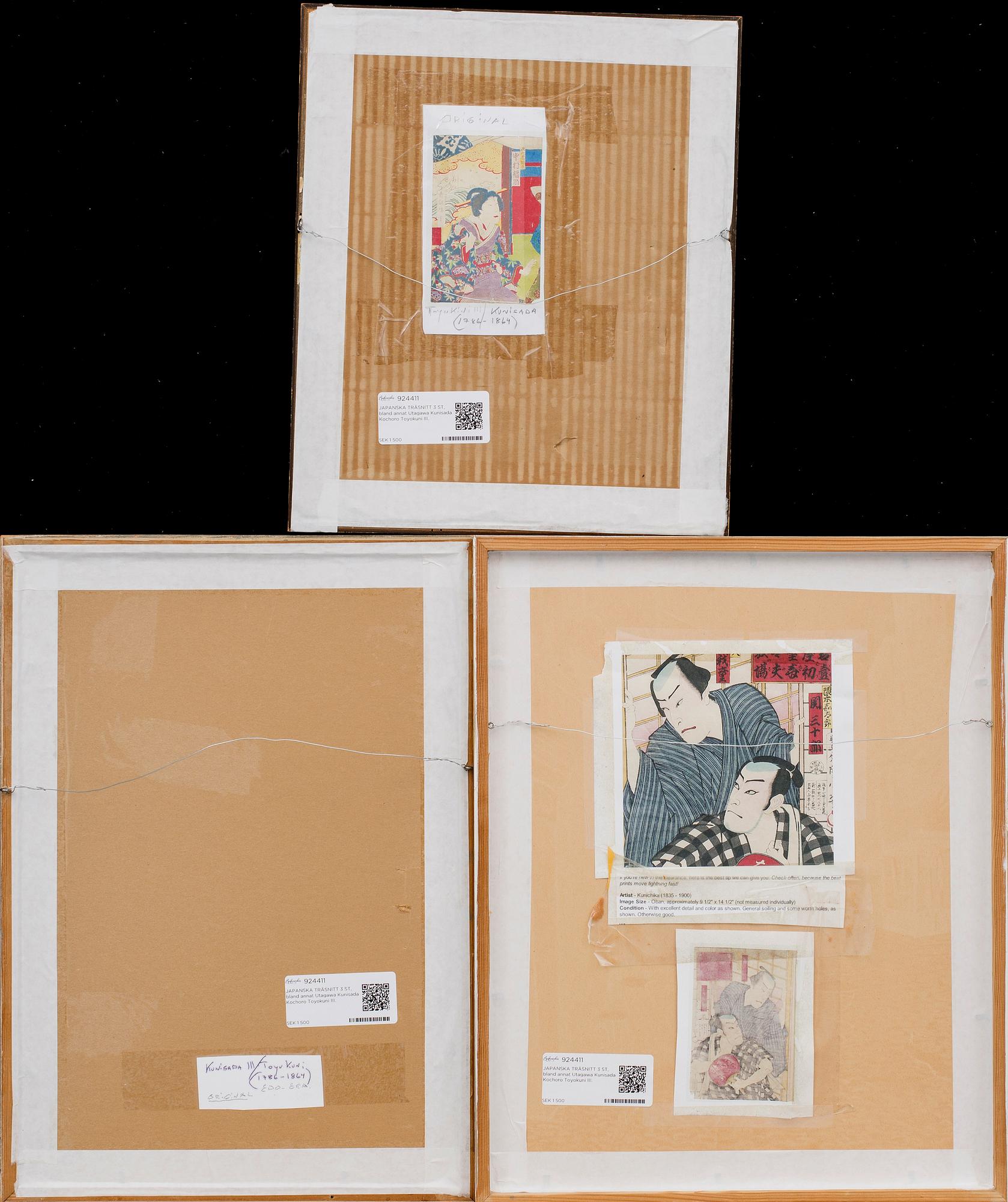 JAPANSKA TRÄSNITT 3 ST, bland annat Utagawa Kunisada Kochoro Toyokuni III.