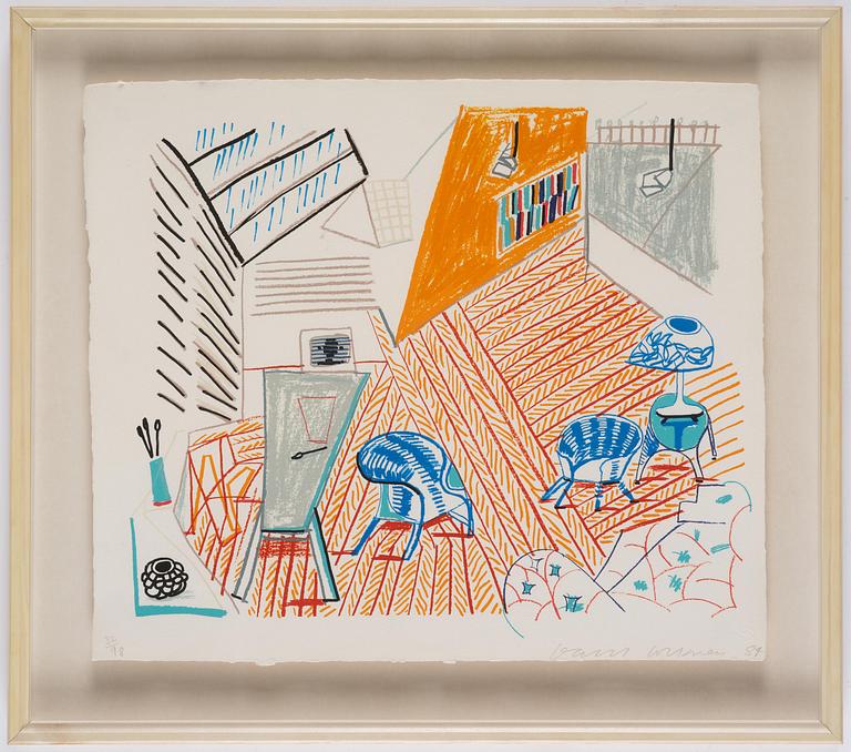 David Hockney, "Pembroke Studio with Blue Chairs and Lamp" from: "Moving Focus".