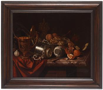 Pieter Gerritsz. van Roestraten, Still lite with objects of silver, fruits and a knife.