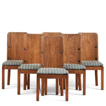 390. Axel Einar Hjorth, a set of six stained pine "Lovö" chairs, Nordiska Kompaniet, Sweden, 1930s.