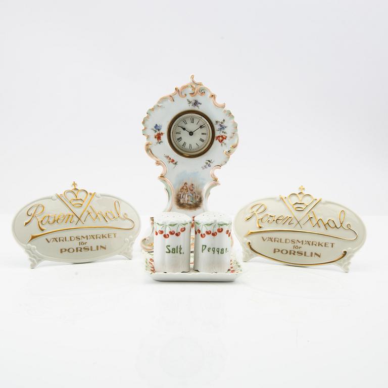 Table clock as well as salt/pepper set and signs, 2 pieces Rosenthal/Kronach Germany 20th century first half, porcelain.