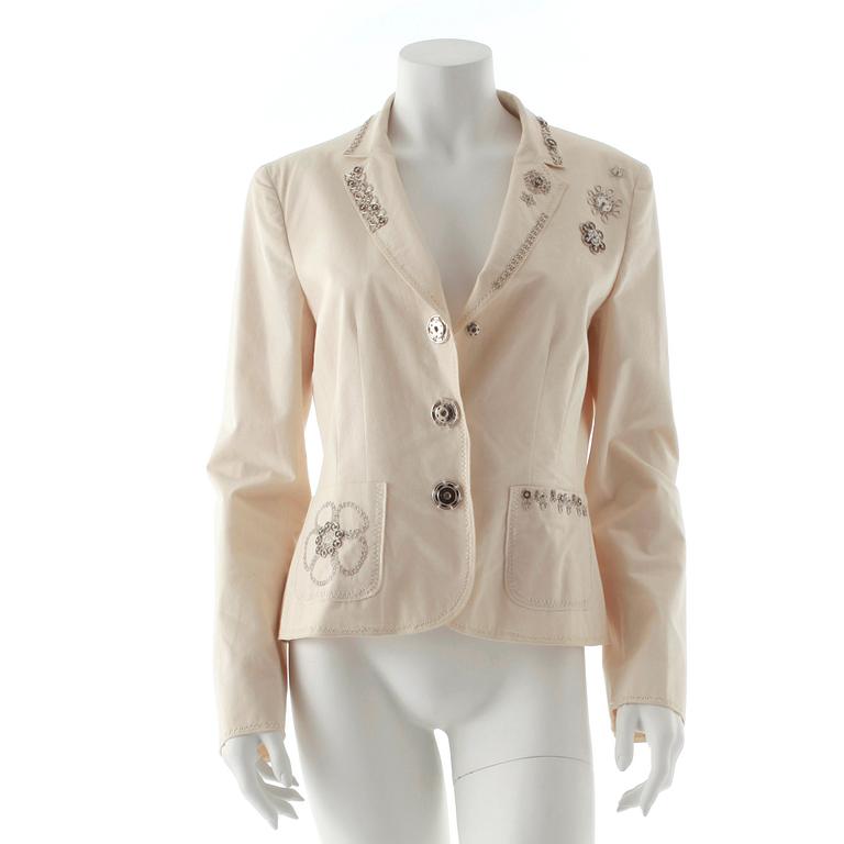 MOSCHINO cheap and chic, a creme colored cotton jacket.