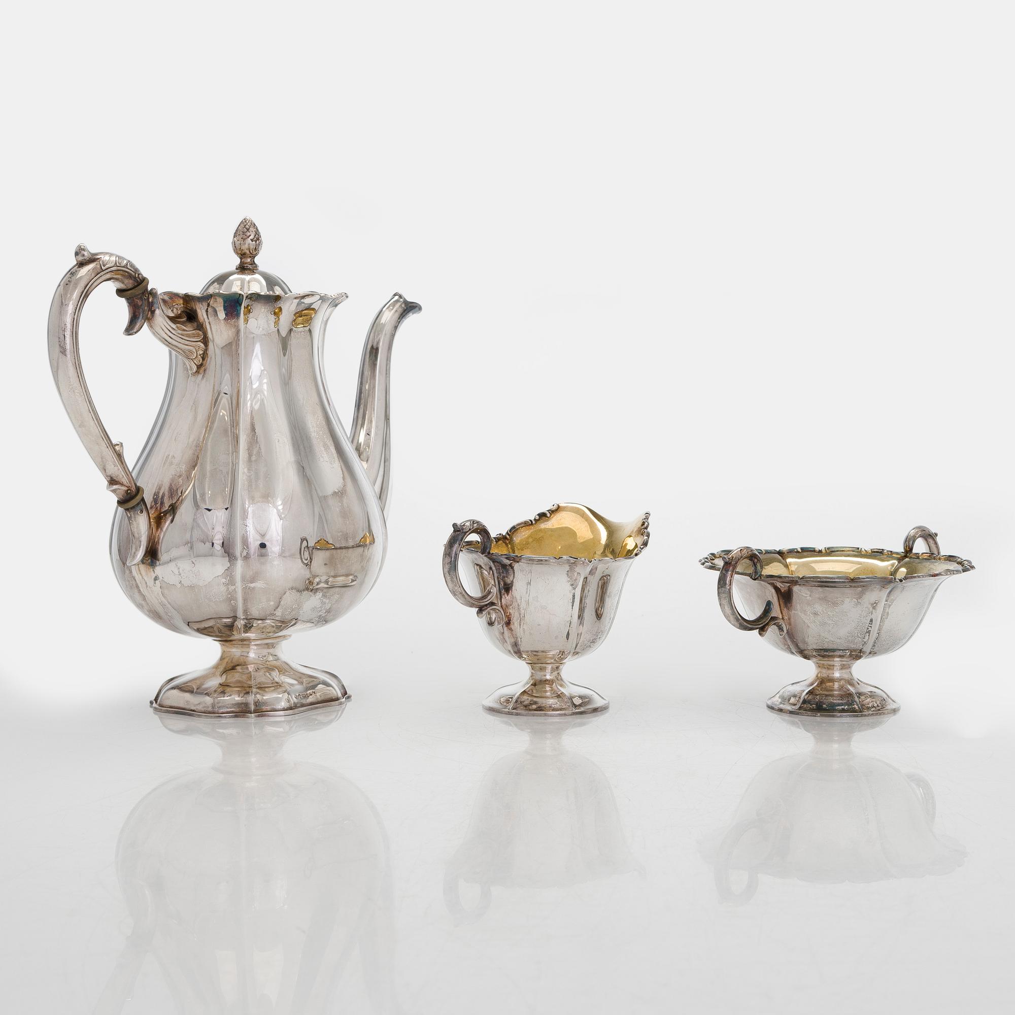 A three-piece silver coffee set, Kultakeskus, Hämeenlinna 1938 and 1953.
