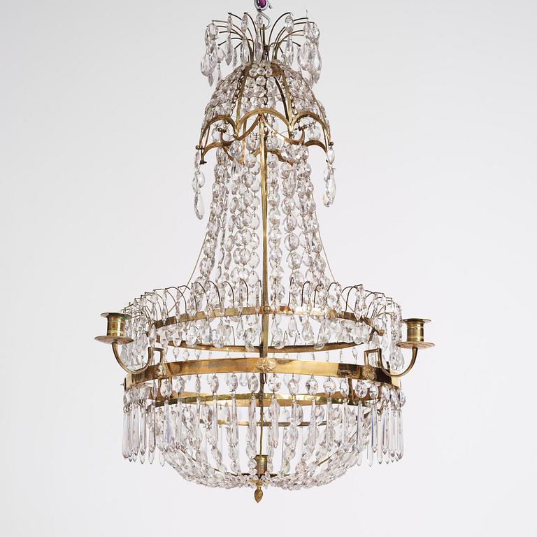 A late Gustavian gilt-brass and cut-glass five-light chandelier, Stockholm, late 18th century.