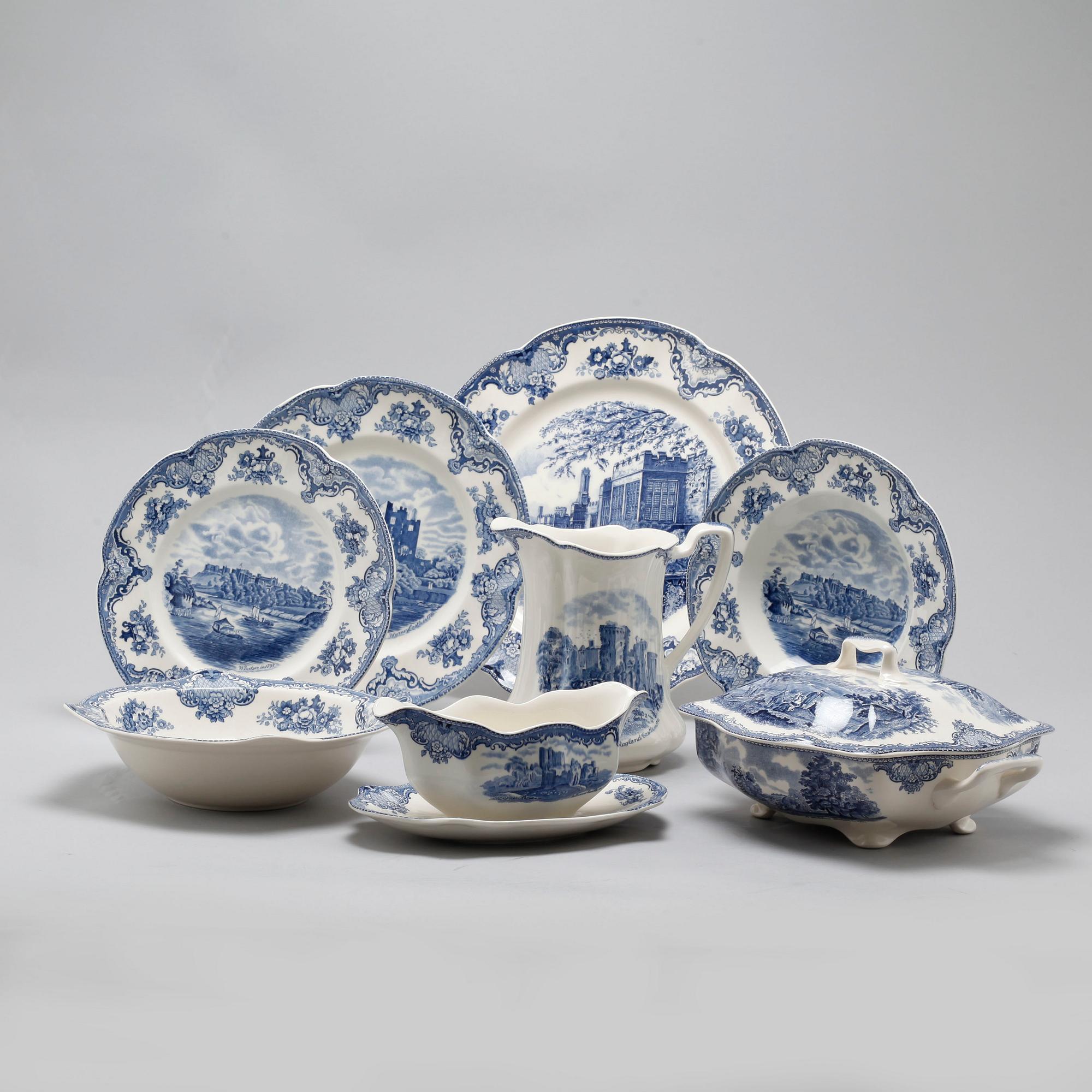 64 pieces of earthenware tableware, model "Old Britain Castles" by Johnson Bros, England, first half of the 20th century.