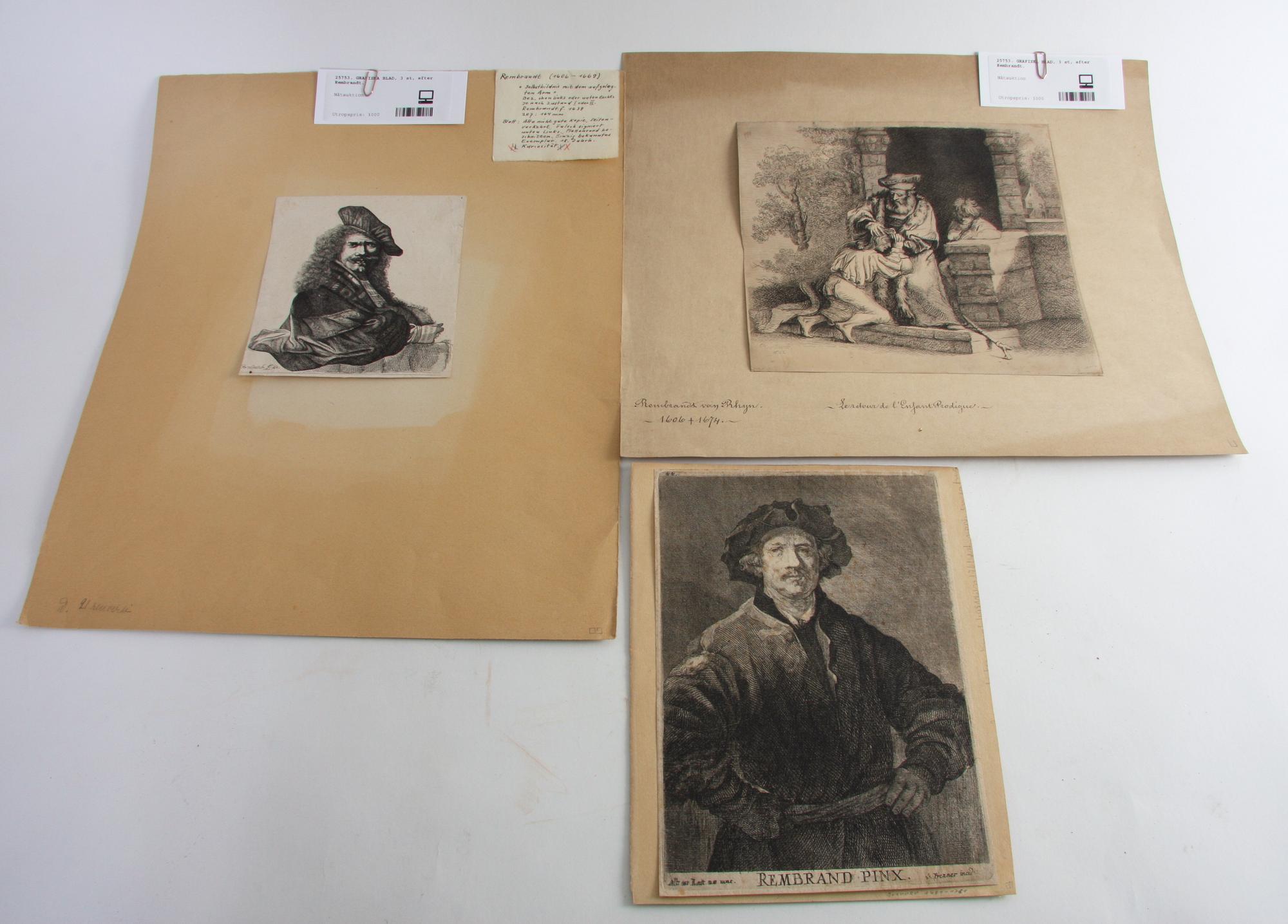 GRAFISKA BLAD, 3 st, efter Rembrandt.