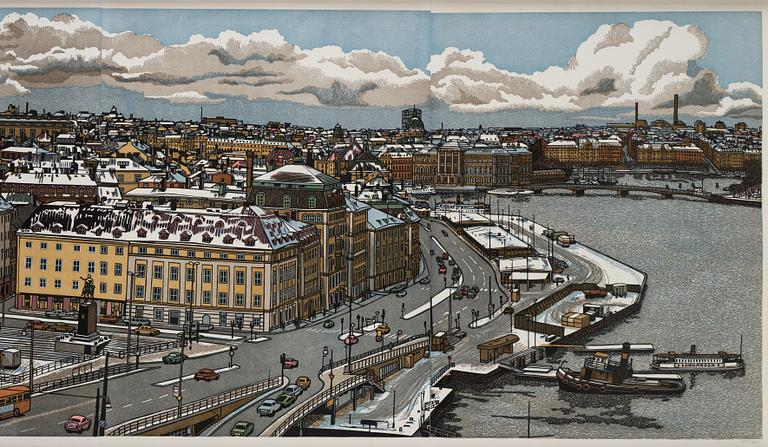 SVENOLOV EHRÉN, färgträsnitt, samramade motiv över slussen. 225/360.