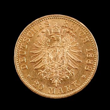 GULDMYNT, 20 mark, kaiser Friedrich, 1888. Vikt ca 8 gram.