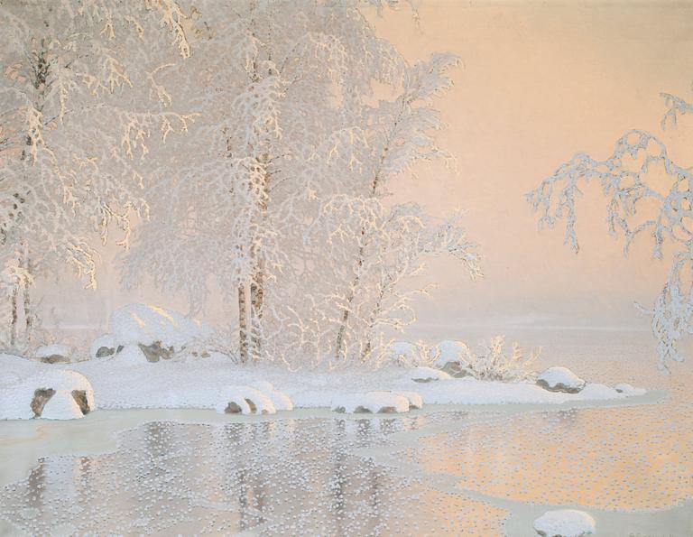 Gustaf Fjaestad, Winter landscape with frozen lake.