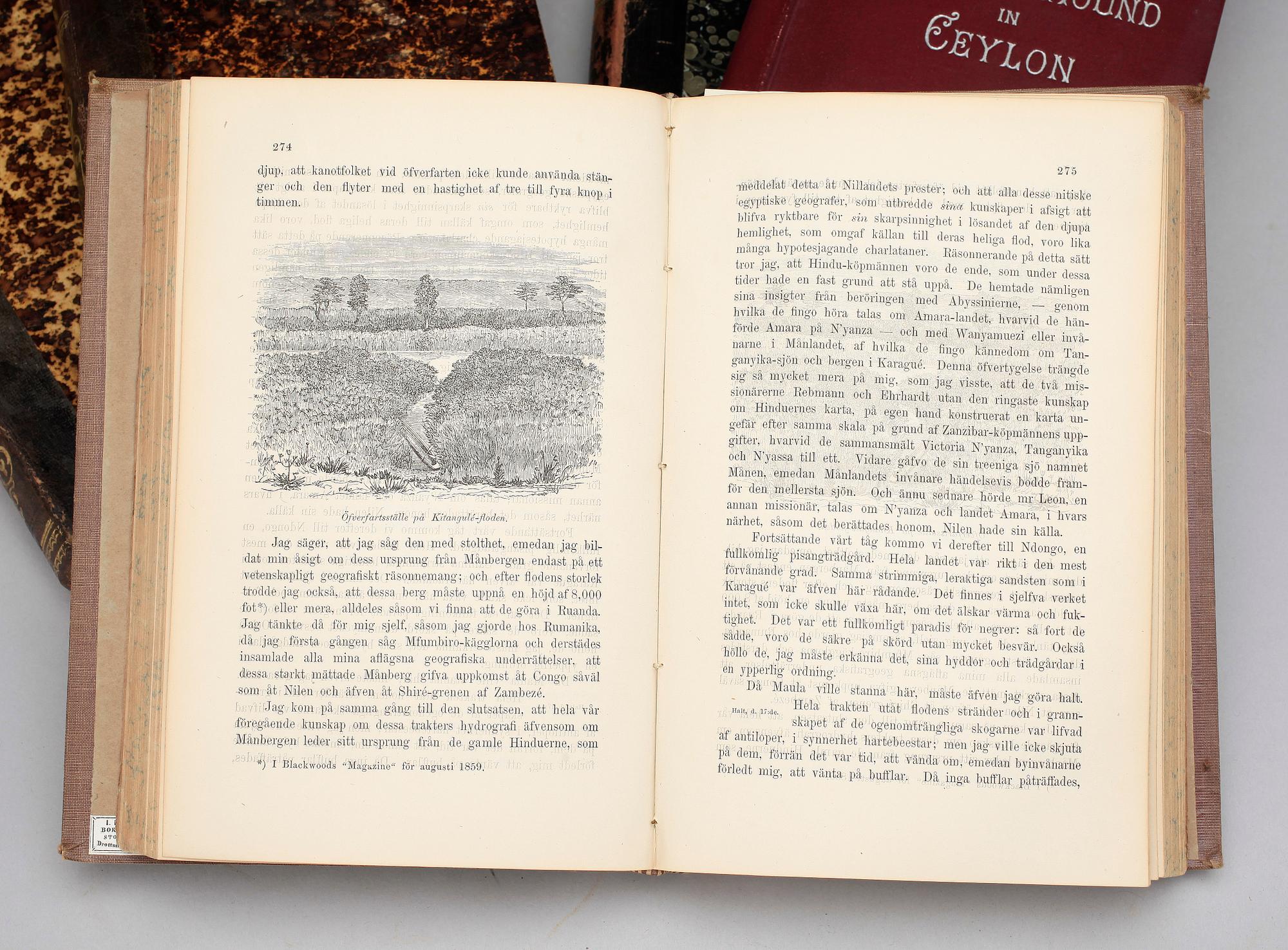 BÖCKER, 5 st, bla "Upptäckten av Nilens källor.." av John Hanning Speke, Stockholm 1865.