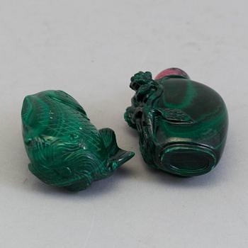TWO MALACITE SNUFF BOTTLES, East Asian, 20th century.