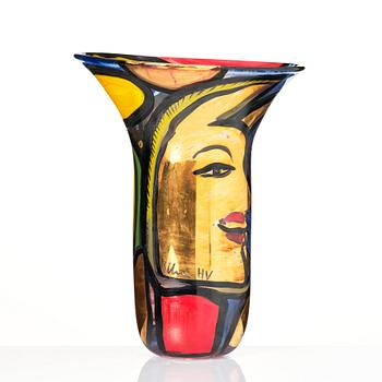 Ulrica Hydman-Vallien, a unique enamel painted glass vase, Kosta Boda, Sweden.