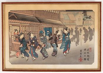 Keisen Eisen, efter, samt Hiroshige, efter. Färgträsnitt, 2 st, Japan, 1900-tal.