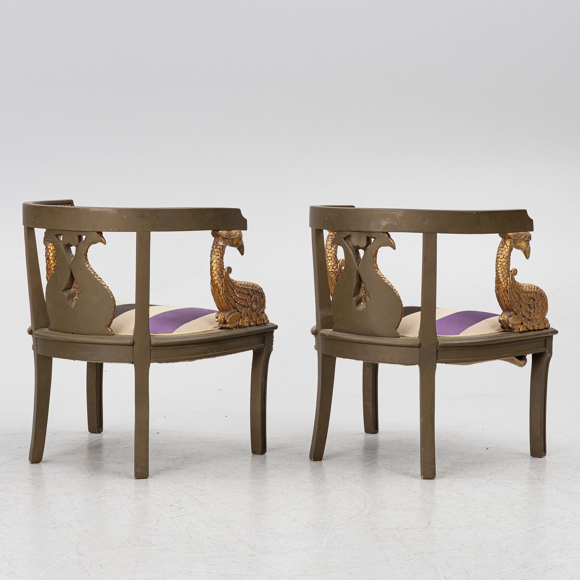 A pair of Empire-style armchairs with an end table, second half of the 20th century.