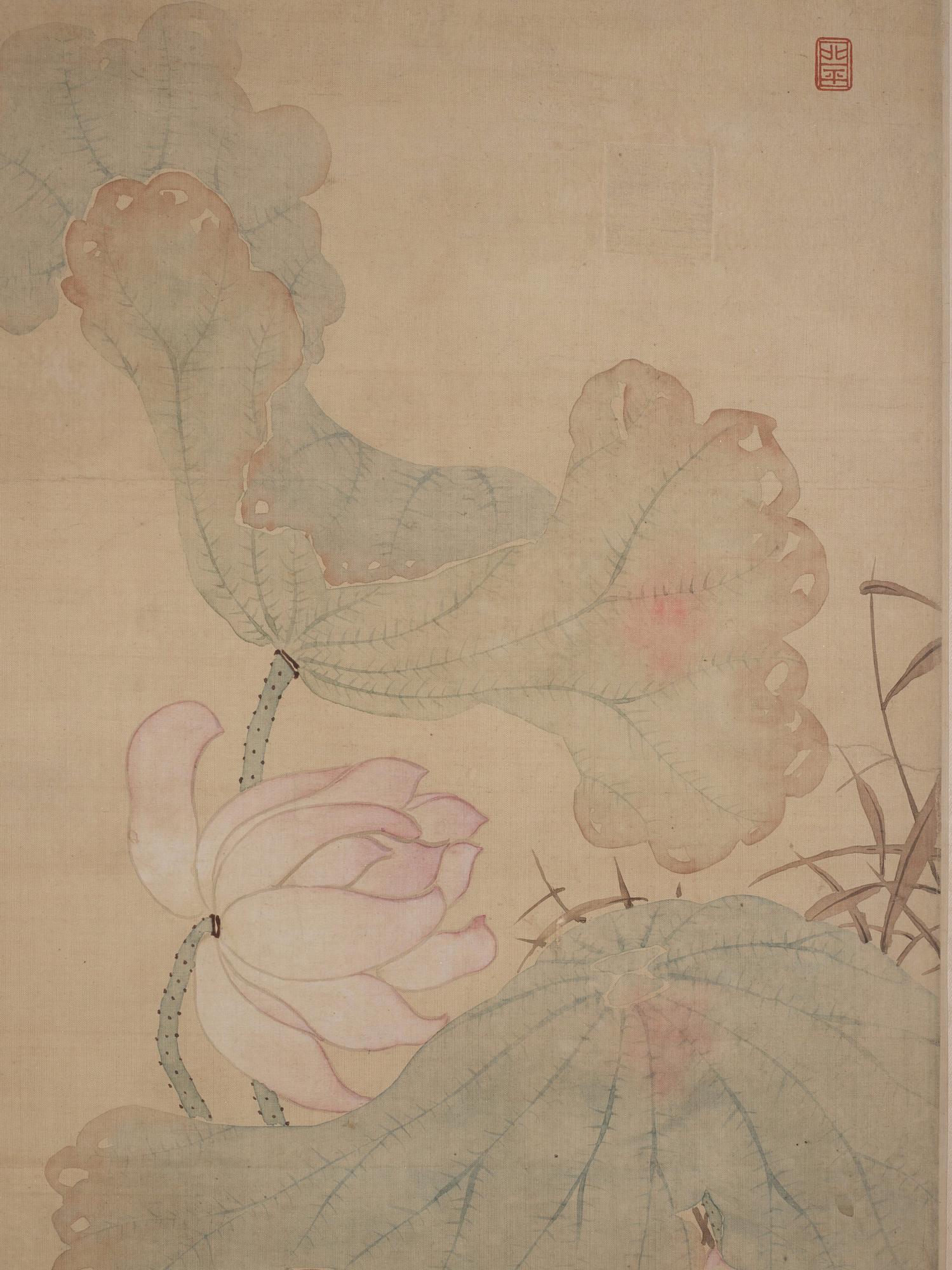 Ma Yuanyu After, Birds by a rock formation next to a lotus pond.