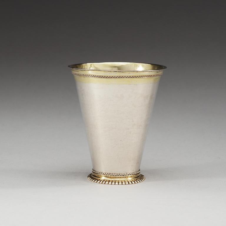 A Swedish parcel gilt beaker, makers mark of Petter Klerck, Malmö 1722.