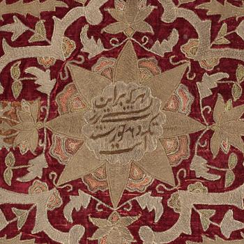 AN ANTIQUE VELVET EMBROIDERY, Persia/Iran, around 1700 - the middle of the 19th century, ca 100 x 142,5 cm (plus a 5 cm.