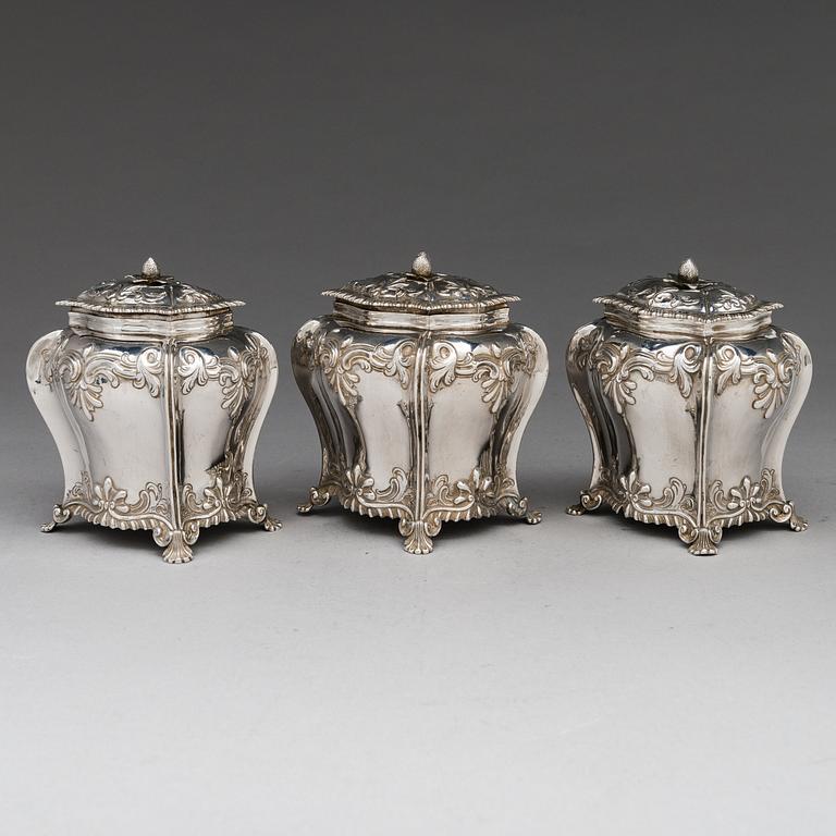 Teburkar, 3 st, sterlingsilver, Thomas Bumfriss och Orlando Jackson, London 1766. I schatull.