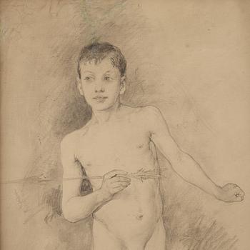 CARL LARSSON, blyerts, signerad Carl Larsson och daterad Juni 1876. "Stående naken gosse med pil i handen".