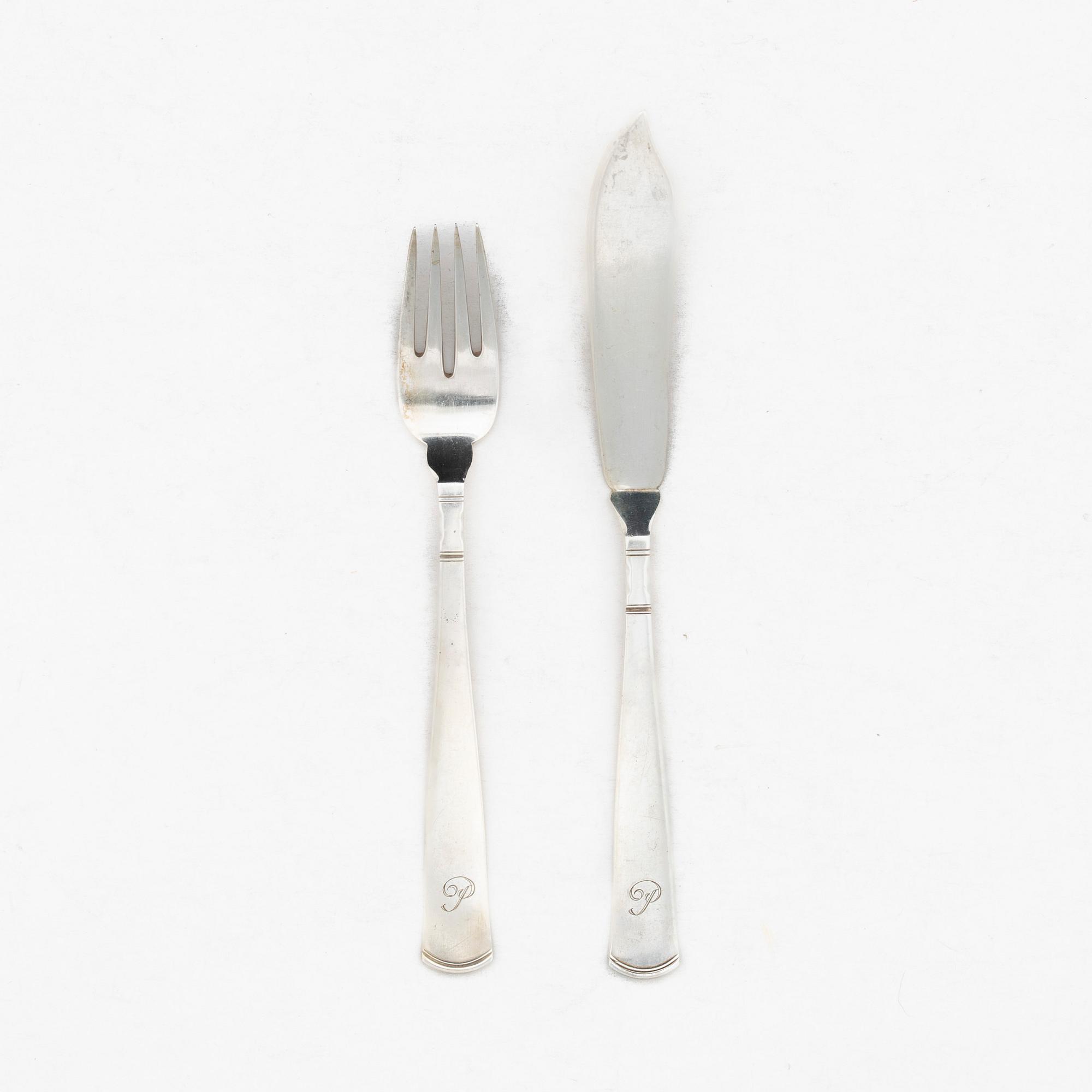 Jacob Ängman, A 24-piece silver fish flat ware set, "Rosenholm", Sweden, 1935-97.