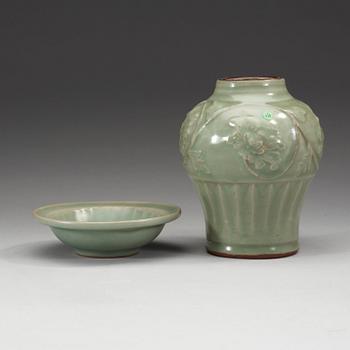 A celadon glazed vase and dish, Yuan/Ming dynasty.