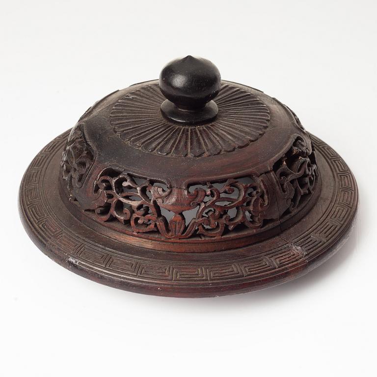 A group of Chinese hardwood stands and a cover, Qing dynasty and later.